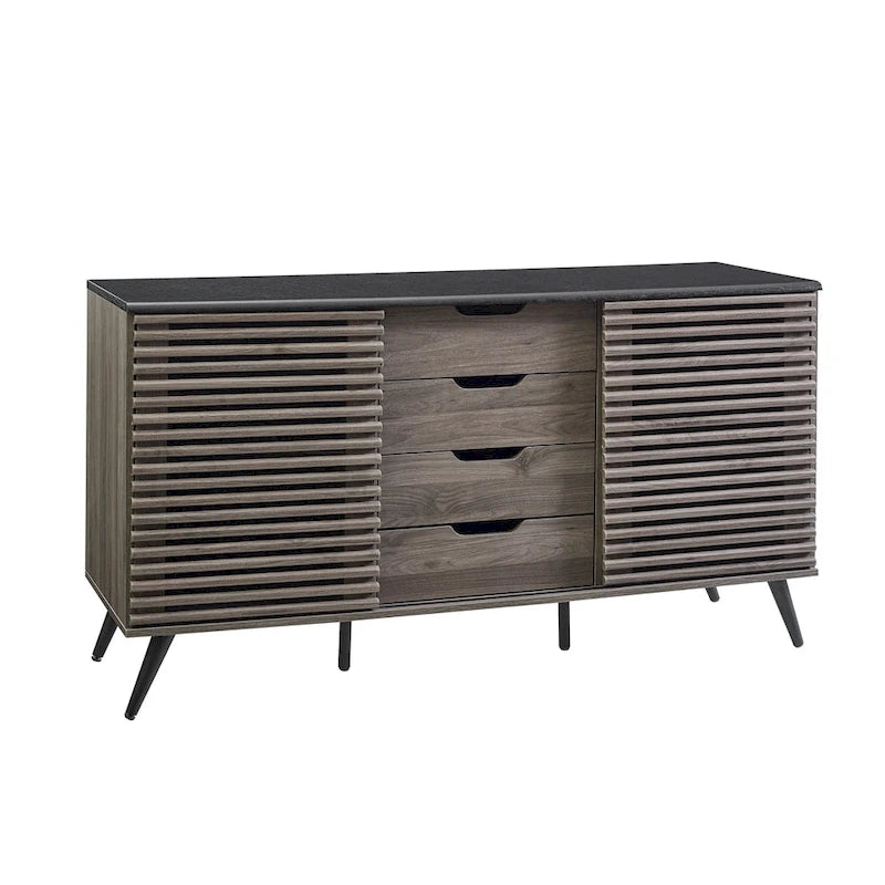 Mid-Century Sliding Slat Door Buffet Sideboard Two-Tone Dark Walnut Ebony Finish