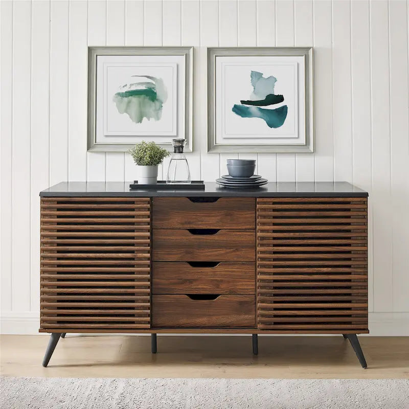 Mid-Century Sliding Slat Door Buffet Sideboard Two-Tone Dark Walnut Ebony Finish
