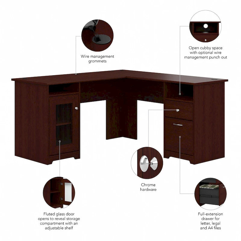 60W L-Shaped Computer Desk with Storage Cabinet and File Drawer