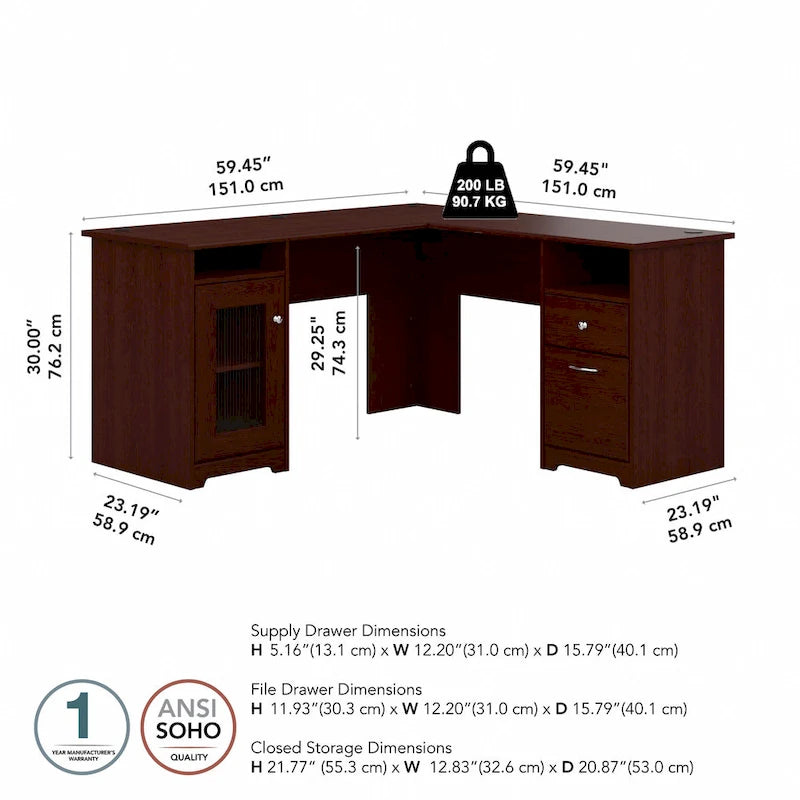 60W L-Shaped Computer Desk with Storage Cabinet and File Drawer