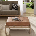 34" Square Button-Tufted PU Leather Cocktail Ottoman with Solid Rubber Wood Frame in Brown