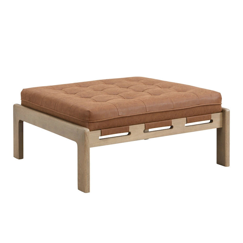 34" Square Button-Tufted PU Leather Cocktail Ottoman with Solid Rubber Wood Frame in Brown