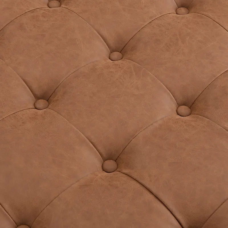 34" Square Button-Tufted PU Leather Cocktail Ottoman with Solid Rubber Wood Frame in Brown