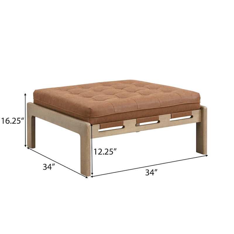 34" Square Button-Tufted PU Leather Cocktail Ottoman with Solid Rubber Wood Frame in Brown