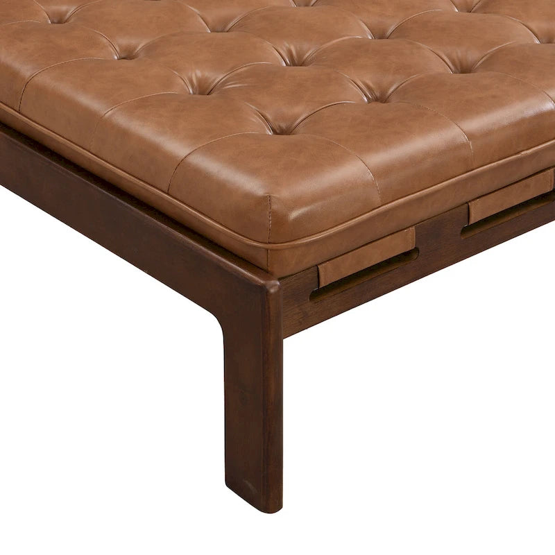 34" Square Button-Tufted PU Leather Cocktail Ottoman with Solid Rubber Wood Frame in Brown