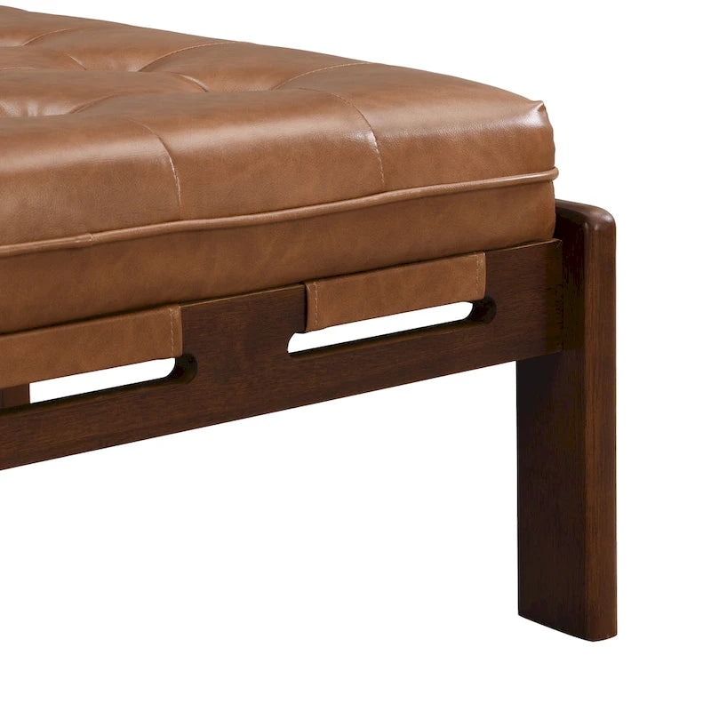 34" Square Button-Tufted PU Leather Cocktail Ottoman with Solid Rubber Wood Frame in Brown