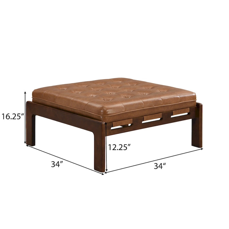 34" Square Button-Tufted PU Leather Cocktail Ottoman with Solid Rubber Wood Frame in Brown
