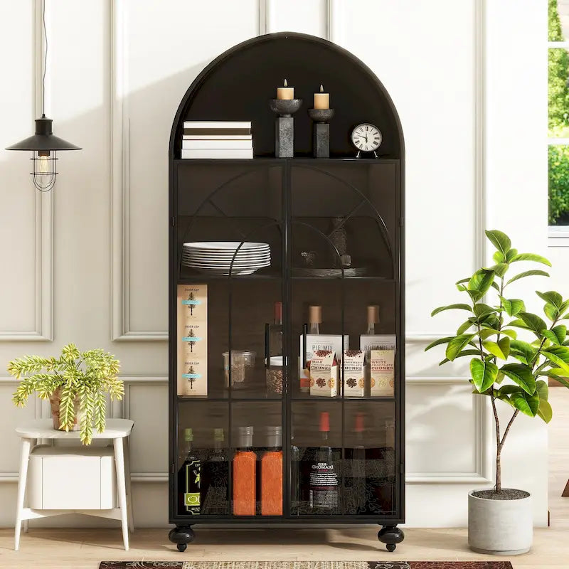 Arched Metal Cabinet with Glass Doors and Open Display Shelves, Antique Black