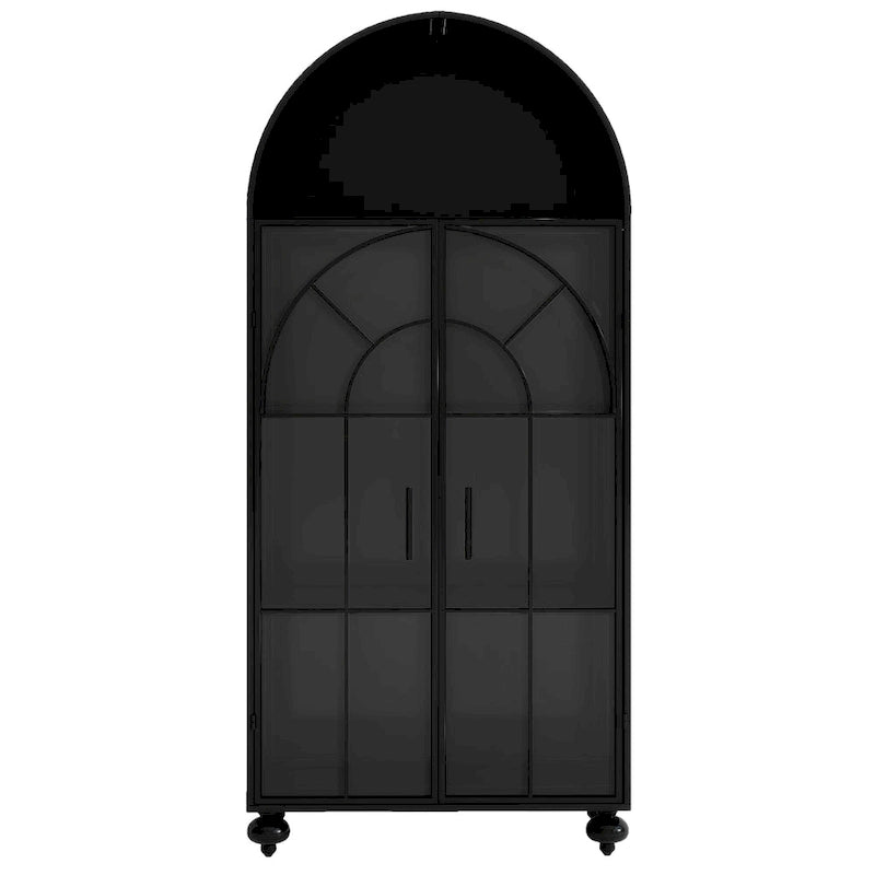 Arched Metal Cabinet with Glass Doors and Open Display Shelves, Antique Black