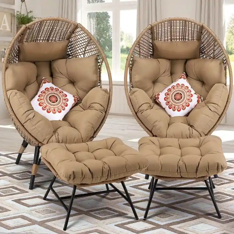 Oversized Wicker Egg Chair with Thick Cushion Boho PE Rattan Lounge Chair