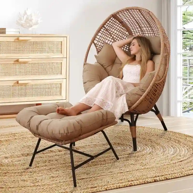 Fauteuil œuf en osier surdimensionné avec coussin épais, fauteuil lounge bohème en rotin PE