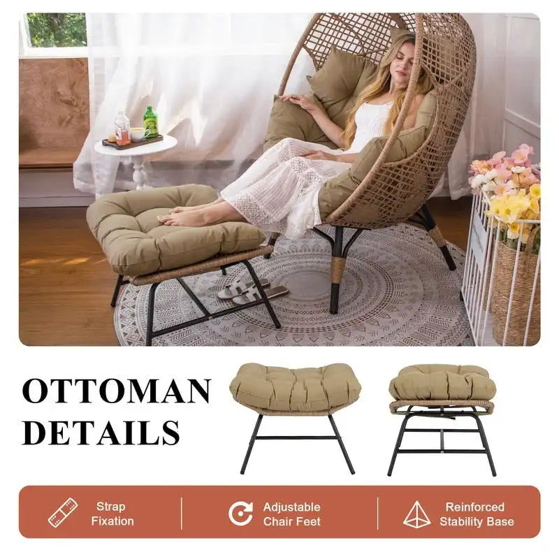 Fauteuil œuf en osier surdimensionné avec coussin épais, fauteuil lounge bohème en rotin PE