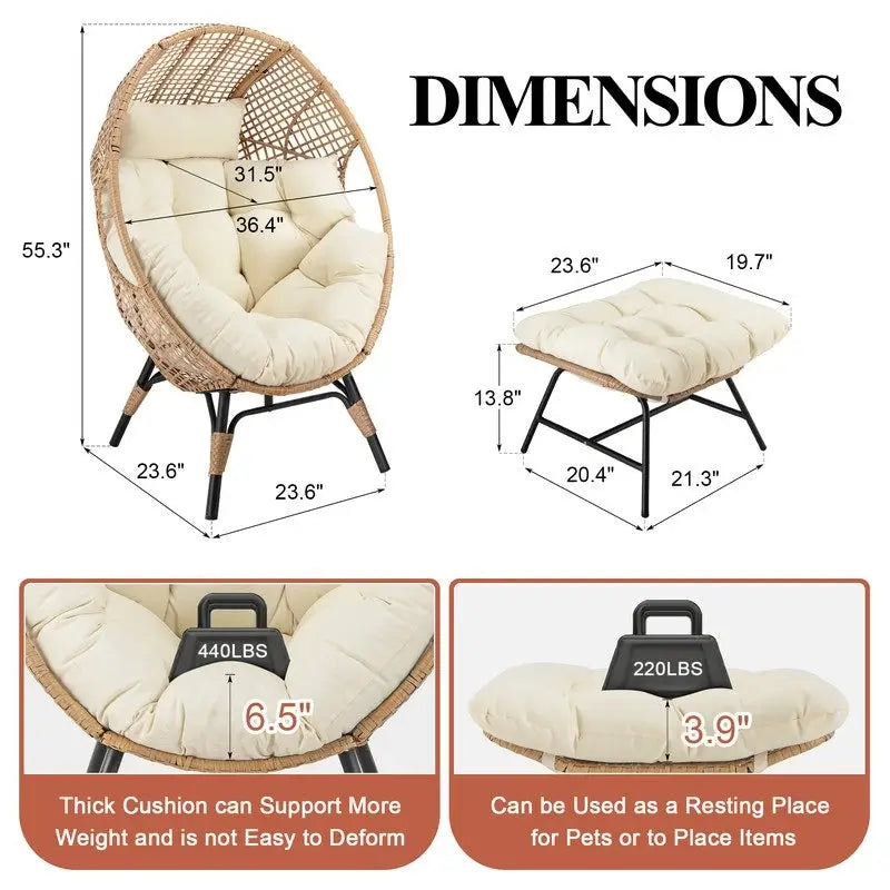 Fauteuil œuf en osier surdimensionné avec coussin épais, fauteuil lounge bohème en rotin PE