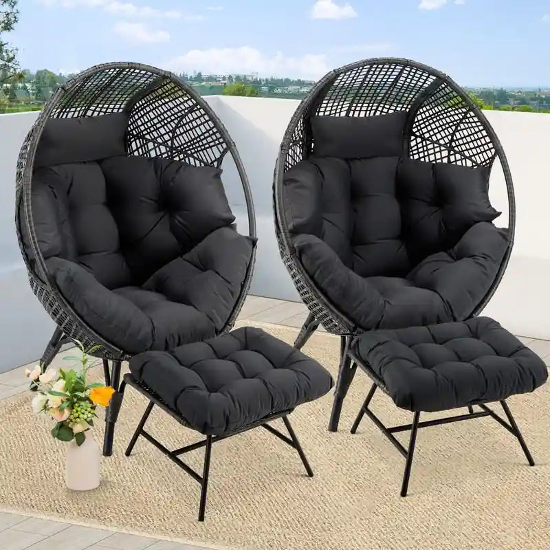 Fauteuil œuf en osier surdimensionné avec coussin épais, fauteuil lounge bohème en rotin PE