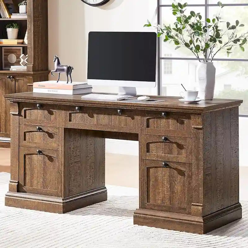 60-Inch Antique White Farmhouse Computer Desk with Storage Drawers and Charging Station