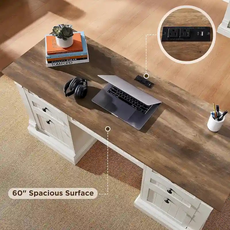 60-Inch Antique White Farmhouse Computer Desk with Storage Drawers and Charging Station