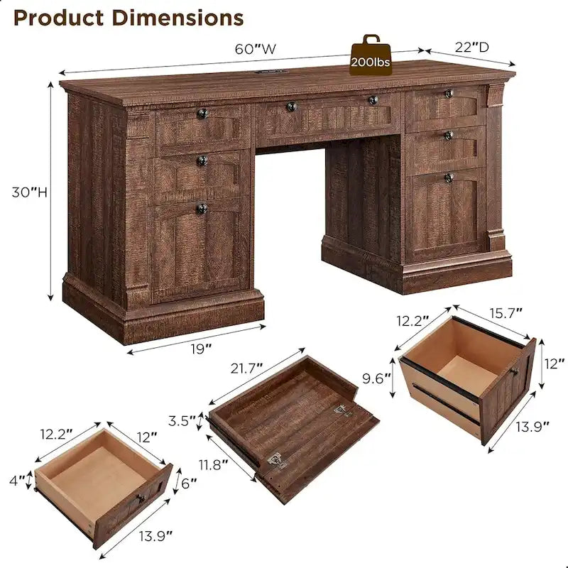 60-Inch Antique White Farmhouse Computer Desk with Storage Drawers and Charging Station