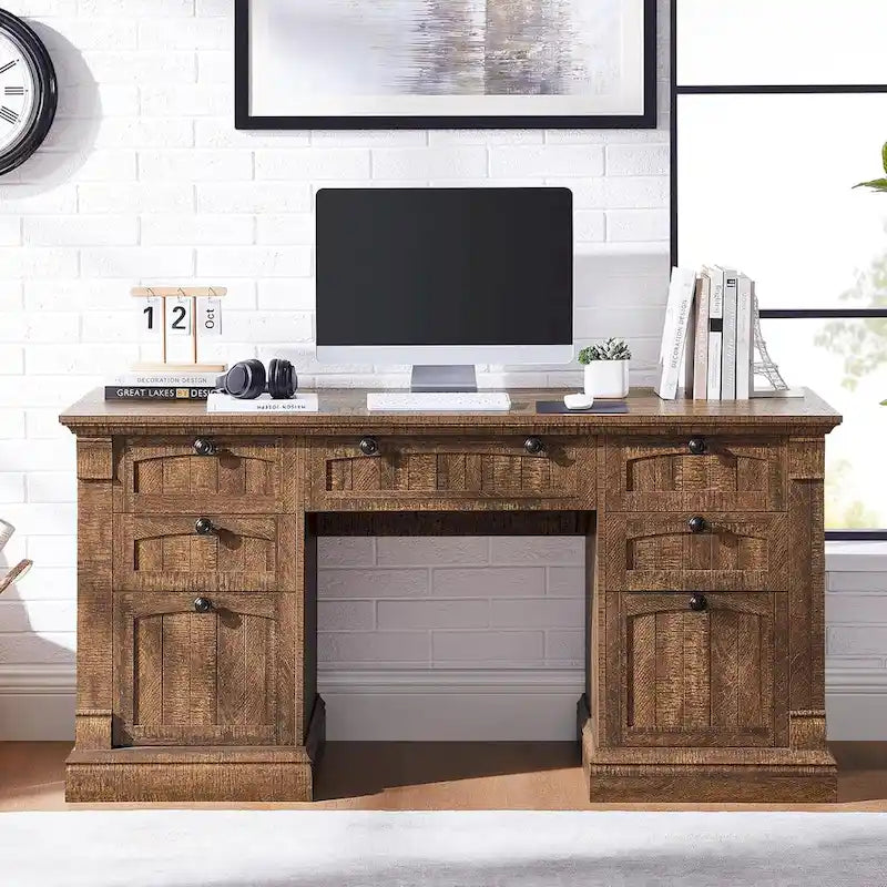 60-Inch Antique White Farmhouse Computer Desk with Storage Drawers and Charging Station