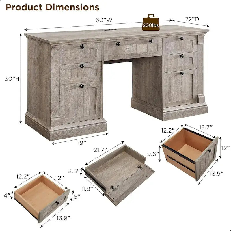 60-Inch Antique White Farmhouse Computer Desk with Storage Drawers and Charging Station