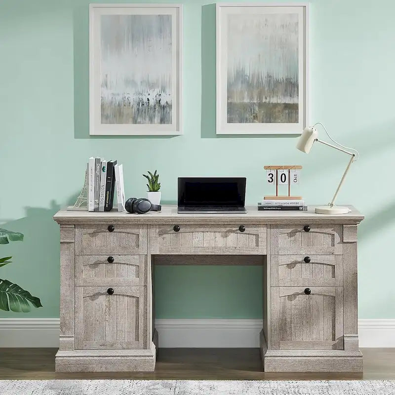 60-Inch Antique White Farmhouse Computer Desk with Storage Drawers and Charging Station