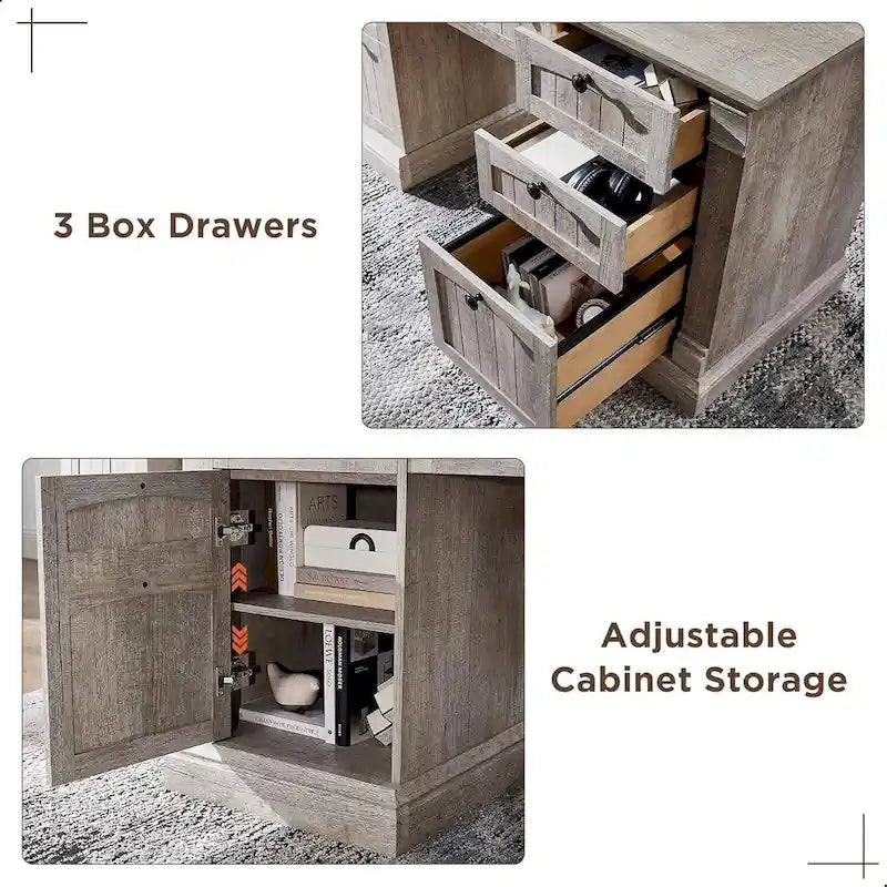 60-Inch Antique White Farmhouse Computer Desk with Storage Drawers and Charging Station