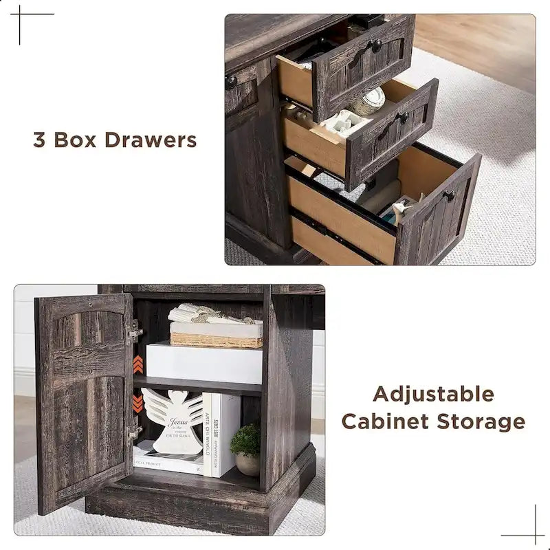 60-Inch Antique White Farmhouse Computer Desk with Storage Drawers and Charging Station