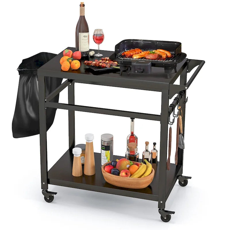 Black Metal Outdoor BBQ Grill Cart with Double Shelf Hanging Hooks and Lockable Wheels
