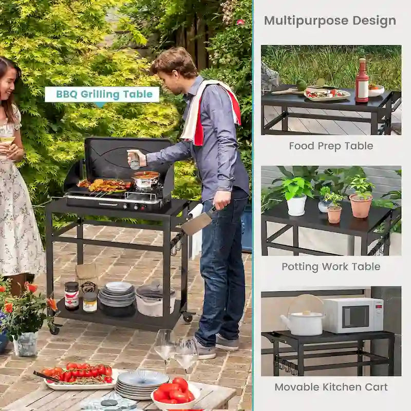 Black Metal Outdoor BBQ Grill Cart with Double Shelf Hanging Hooks and Lockable Wheels