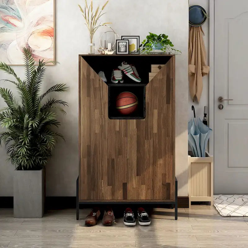 Rustic 8-Shelf Shoe Cabinet with Cubbies MDF Veneer Reclaimed Oak Light Hickory