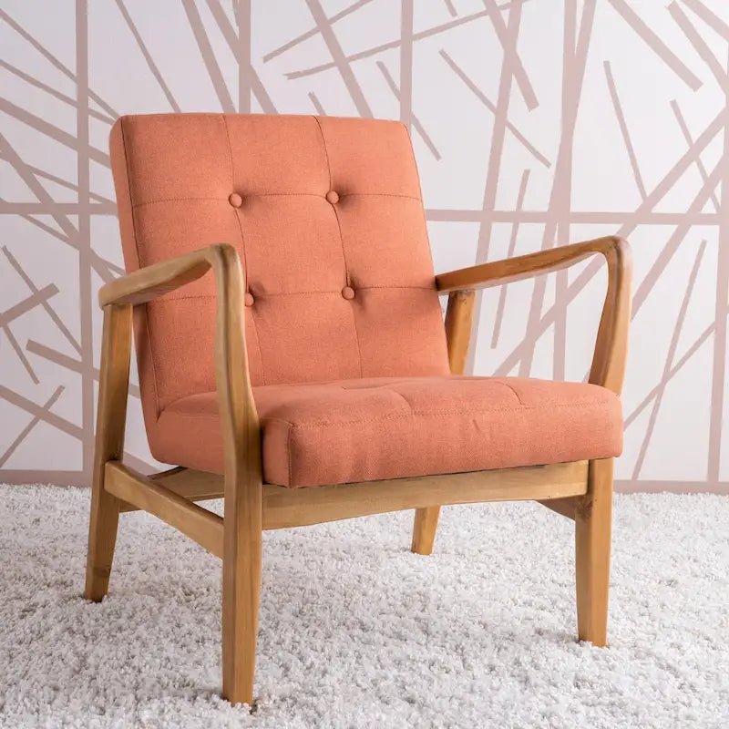 Mid-Century Modern Button-Tufted Fabric Club Chair with Wood Frame