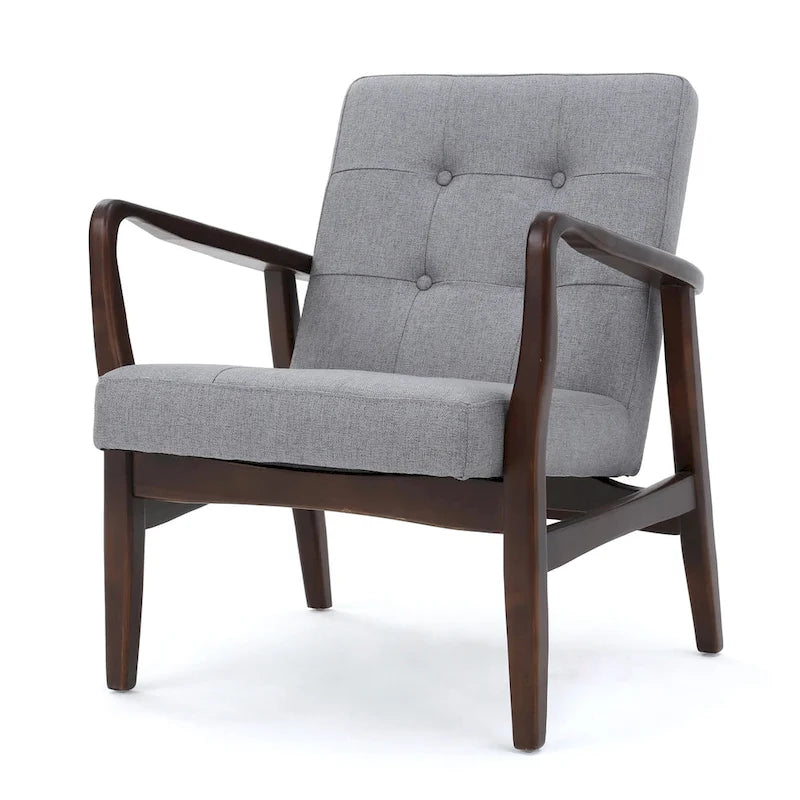 Mid-Century Modern Button-Tufted Fabric Club Chair with Wood Frame