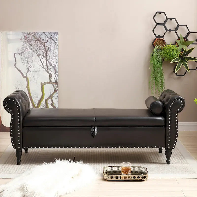 Velvet Rectangular Storage Ottoman Bench with Rolled Arms and Nailhead Trim