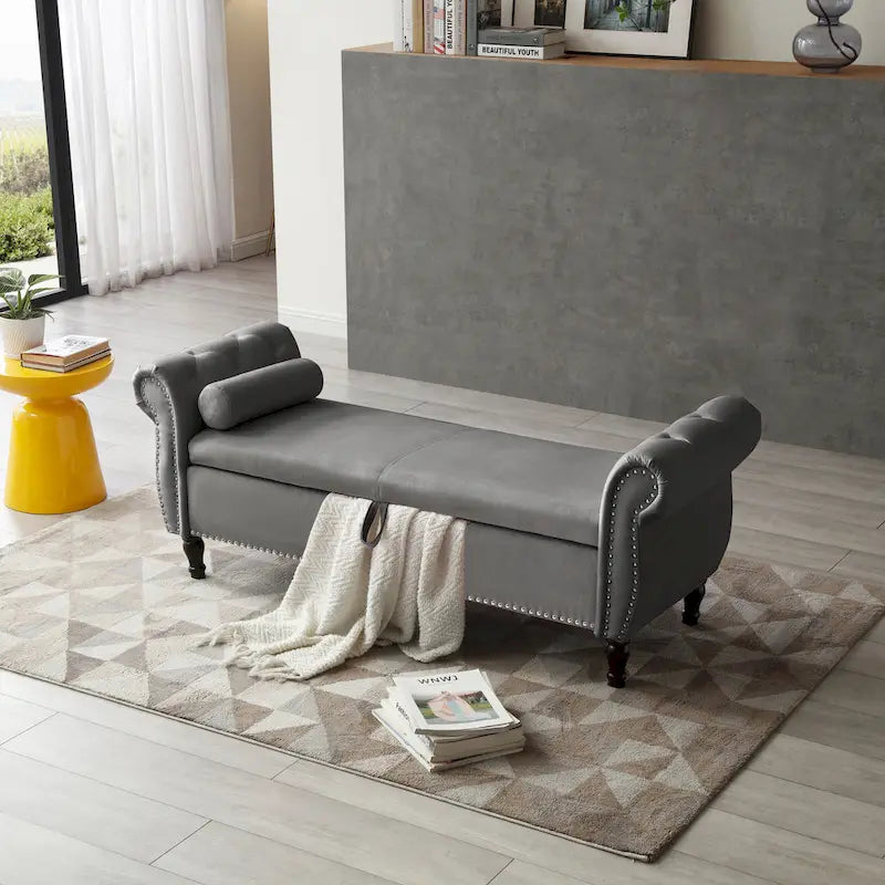 Velvet Rectangular Storage Ottoman Bench with Rolled Arms and Nailhead Trim
