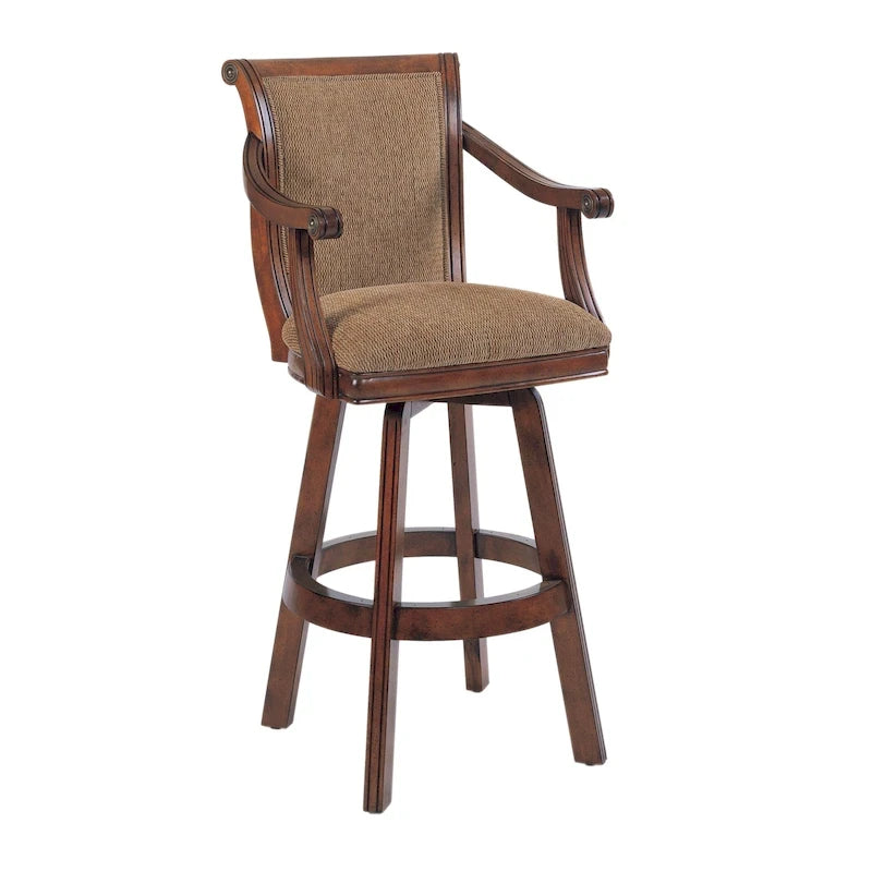 Warm Cherry Swivel Bar Stool with Arms Brown Tweed Upholstered