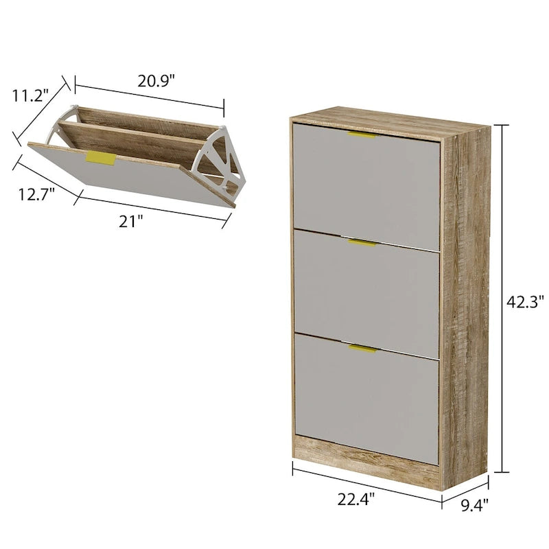 Scarpiera a specchio da pavimento con 3 cassetti ribaltabili, finitura rovere