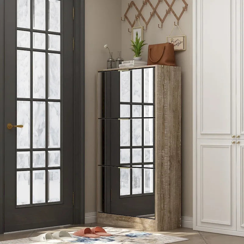 Scarpiera a specchio da pavimento con 3 cassetti ribaltabili, finitura rovere