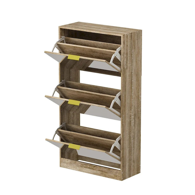 Scarpiera a specchio da pavimento con 3 cassetti ribaltabili, finitura rovere