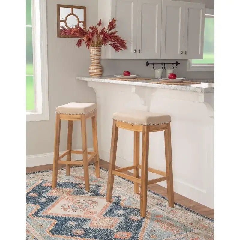 Backless Upholstered Bar Stool with Nailhead Trim and Wood Frame