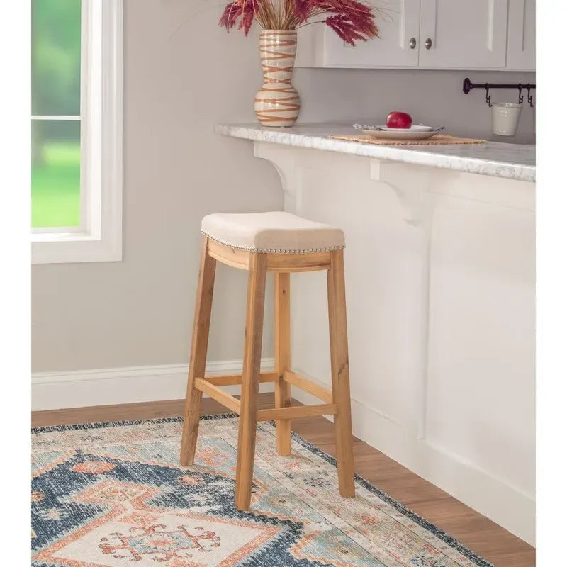 Backless Upholstered Bar Stool with Nailhead Trim and Wood Frame