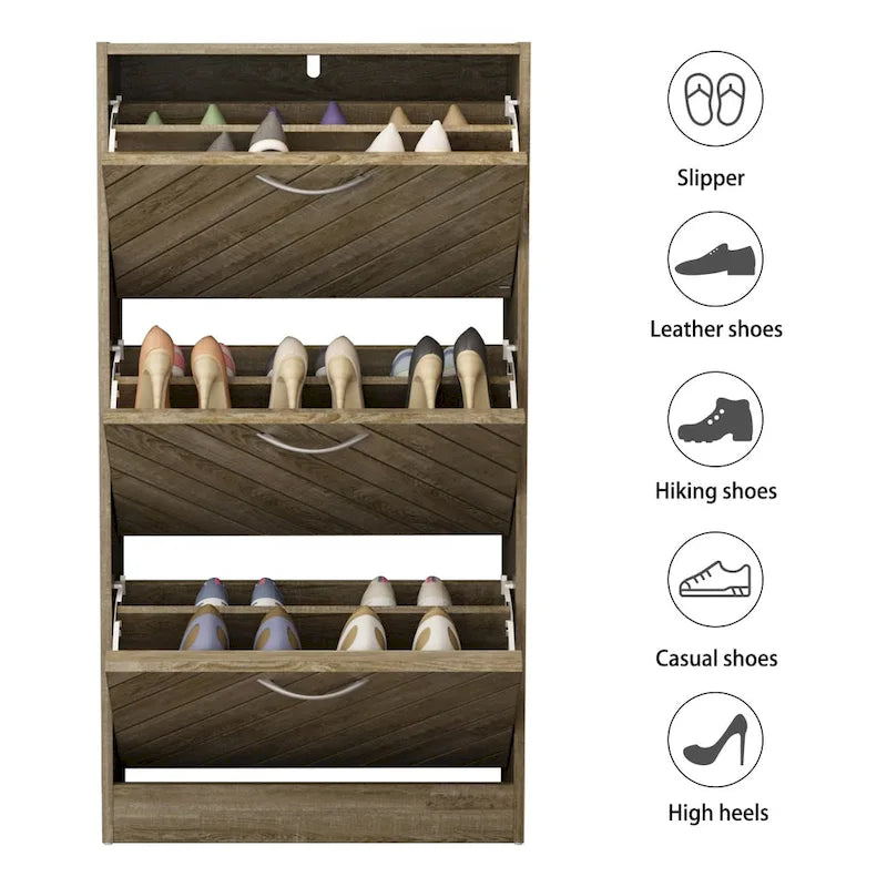 18-Pair Shoe Storage Cabinet with 3 Flip-Down Drawers, Herringbone Wood Pattern, Grey