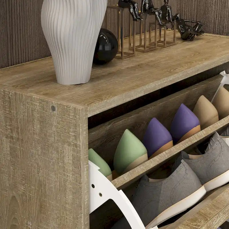 18-Pair Shoe Storage Cabinet with 3 Flip-Down Drawers, Herringbone Wood Pattern, Grey