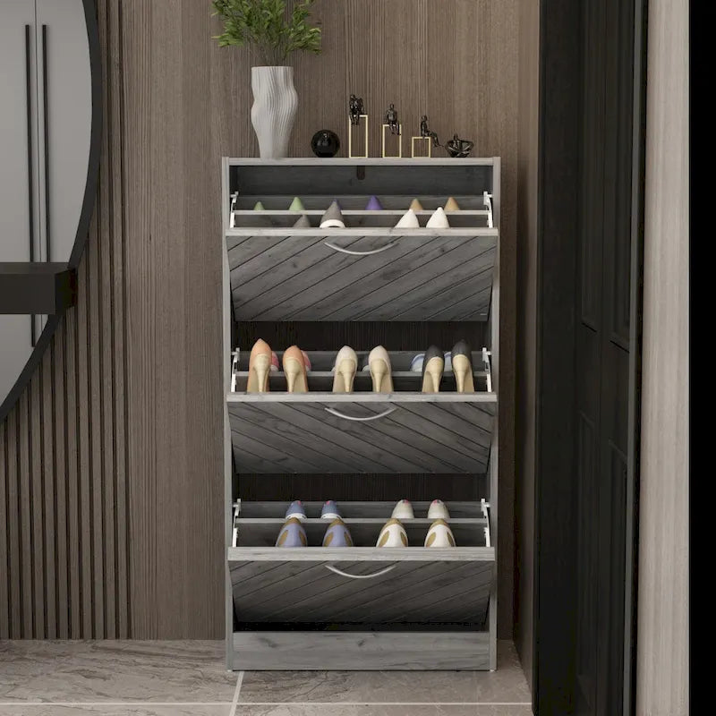 18-Pair Shoe Storage Cabinet with 3 Flip-Down Drawers, Herringbone Wood Pattern, Grey