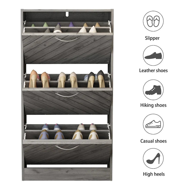 18-Pair Shoe Storage Cabinet with 3 Flip-Down Drawers, Herringbone Wood Pattern, Grey