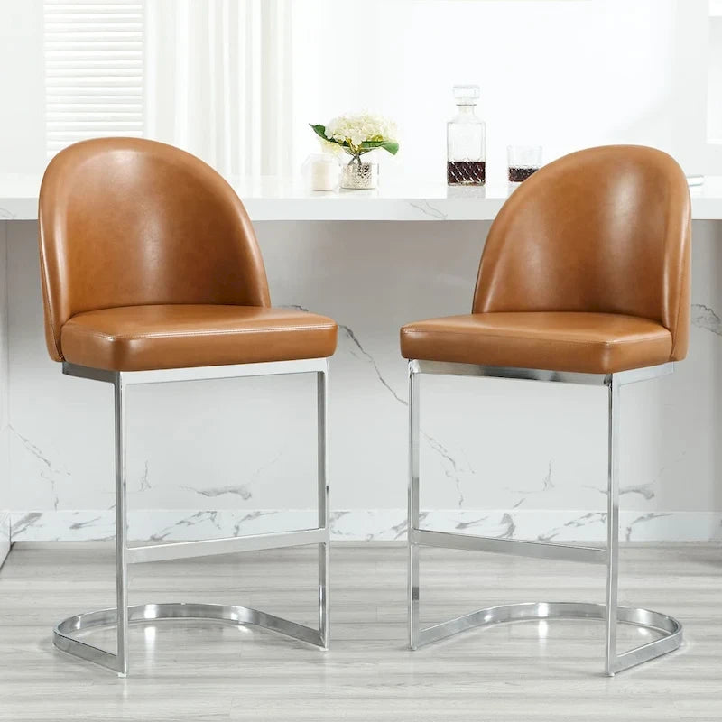 26" Counter Height Bar Stool PU Leather Padded Seat Chrome Metal Base