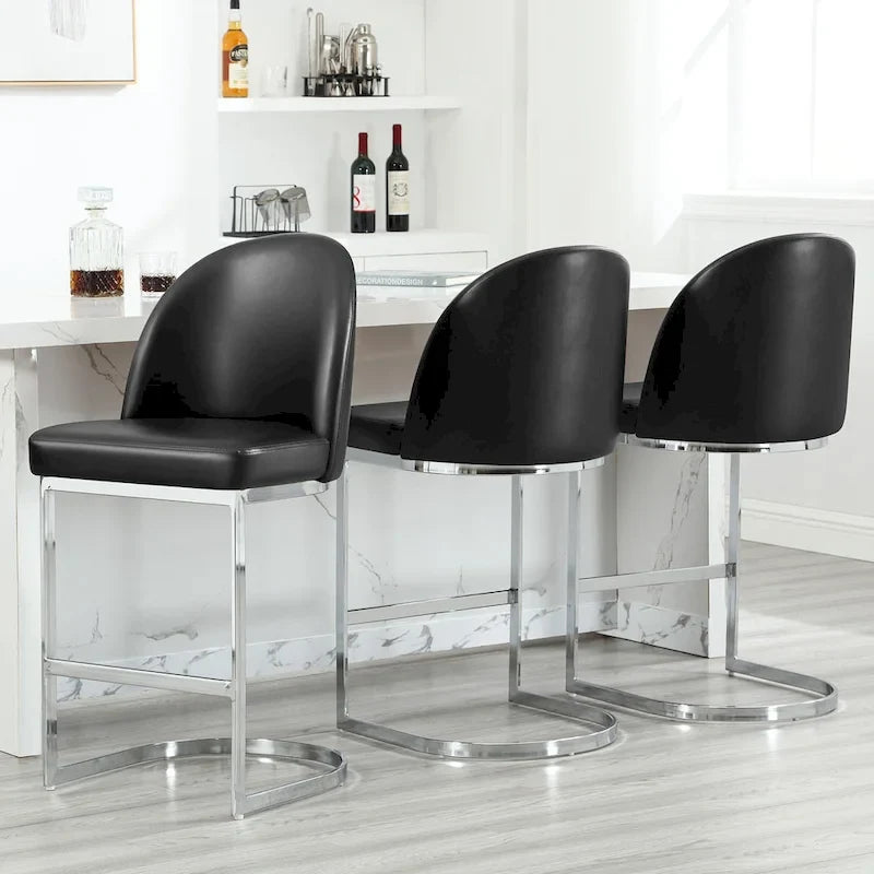 26" Counter Height Bar Stool PU Leather Padded Seat Chrome Metal Base