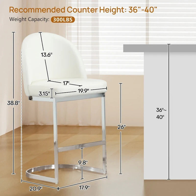 26" Counter Height Bar Stool PU Leather Padded Seat Chrome Metal Base