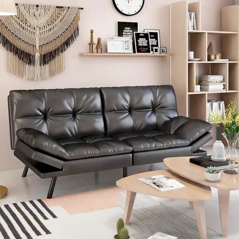 Umwandelbares Futon-Schlafsofa mit Memory-Schaum und Zweisitzer aus schwarzem Kunstleder