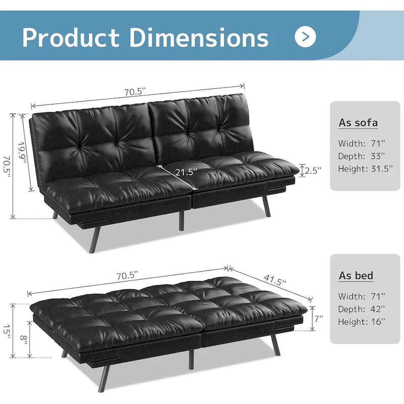 Umwandelbares Futon-Schlafsofa mit Memory-Schaum und Zweisitzer aus schwarzem Kunstleder