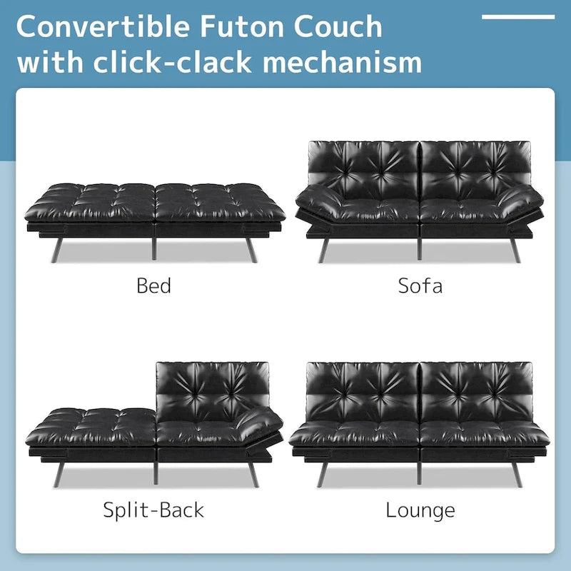 Convertible Futon Sofa Bed with Memory Foam, Black Faux Leather Loveseat
