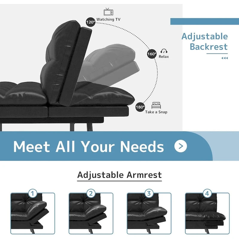Convertible Futon Sofa Bed with Memory Foam, Black Faux Leather Loveseat